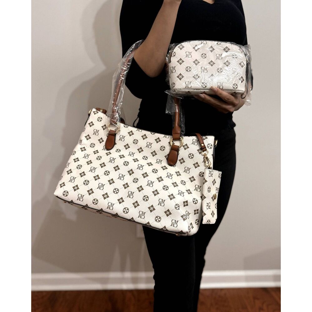 NWT CHARIS MA WOMEN'S WHITE ALL-OVER LOGO PRINT SATCHEL/WALLET SET